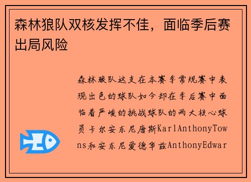 森林狼队双核发挥不佳，面临季后赛出局风险