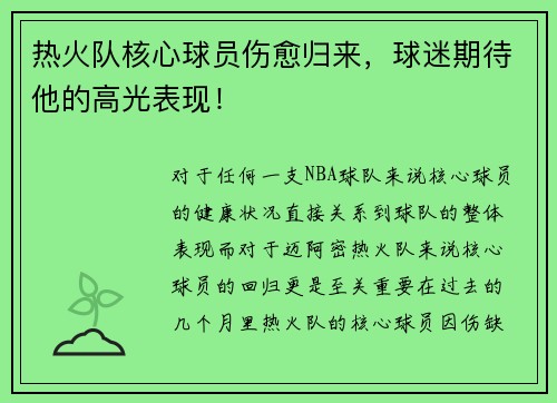 热火队核心球员伤愈归来，球迷期待他的高光表现！